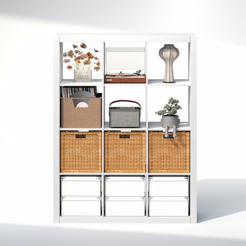 Image of Furinno Cubicle Record Player Stand, 12-Cube Vinyl Record Storage, White | Vinyl Storage, 1.68 inchInch Triple Thick, Open Back Media Shelf for CD DVD Bluray Game Disc, for Living Room, Home Office