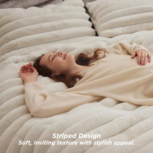 Image of Bedsure Faux Fur Queen Comforter Set - Beige Fluffy Comforter Queen Size, Soft and Cozy Shaggy Bedding Comforter Sets, Winter Warm Luxury Fuzzy Bed Set 3 Pieces, 1 Comforter and 2 Pillowcases