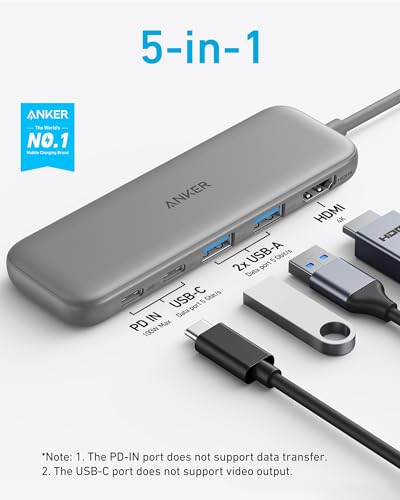 Image of Anker USB C Hub, 5-in-1 USBC to HDMI Splitter with 4K Display, 1 x Powered USB-C 5Gbps & 2xPowered USB-A 3.0 5Gbps Data Ports for MacBook Pro, MacBook Air, Dell and More (Grey)