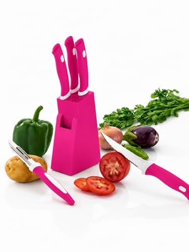 Image of 5-Piece Kitchen Knife Set with Stand, Stainless Steel Blades, Includes Peeler, 14x9x4 cm Block Multicolour (Pink, 5pcs Knife Pink)