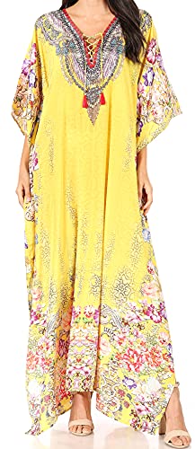 Sakkas 2001 - Yeni Women's Short Sleeve V-Neck Summer Floral Long Caftan Dress Cover-up - 460 - OS