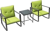 Pyramid Home Decor 3-teiliges Schaukel-Bistro-Set – synthetisches Korbgeflecht – Couchtisch aus Glas mit 2 Stühlen für Balkon, Terrasse & Veranda – schwarzes Metall, weiche Kissen (Grün)