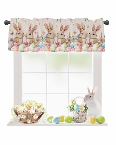 Easter Bunny Egg Floral Valances for Kitchen Windows Valance Curtains for Living Room, Spring Flowers Rabbits Rod Pocket Window Valance Red Window Treatment for Bathroom Bedroom 54x18inch, Washable