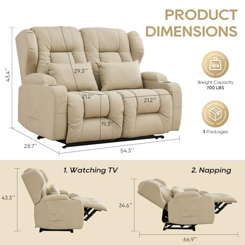 Image of IPKIG 54.2 inch RV Loveseat Recliner Sofa, Leathaire Fabric Wall Hugger Reclining Chair with Cup Holder and Side Pockets, Home Theater Seating Manual Recliner for Living Room (Beige, Loveseat)