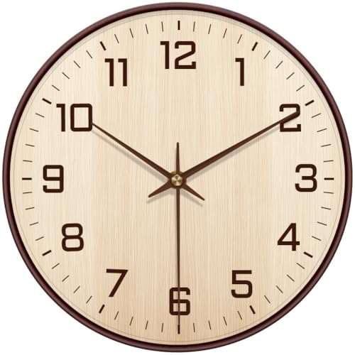 Image of ginoya brothers 12 Inch Silent Non-Ticking Silent Wall Clock, Modern Round Analog & Digital Display (Temp /Calendar) Decorative Clock, Easy to Read for Home, Living Room, Office (Cream-Brown Analog)