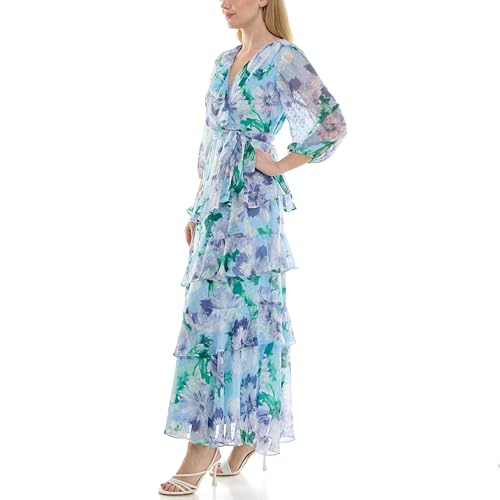 Image of Maison Tara Women's Sheer Long Sleeve V-Neck Floral Tiered Ruffle Wrap Maxi