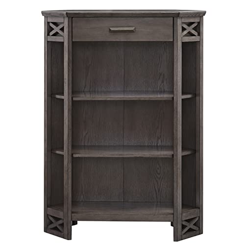 Image of Leick Home 84263 Mantel Height 3-Shelf Corner Bookcase with Drawer Storage, Gray Oak