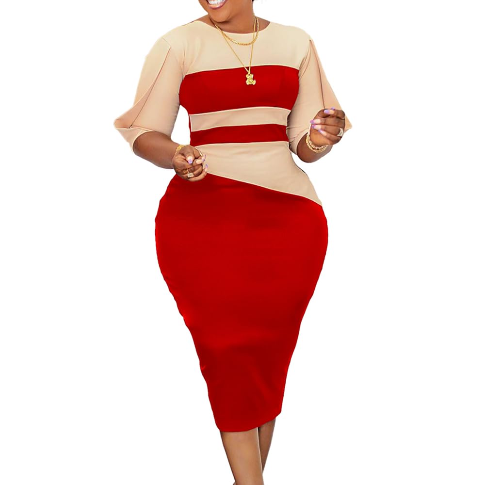 Dress Women Womens Sexy Bodycon Half Sleeve Round Neck Colorblock Slim Fit Work Office Midi Pencil Dress