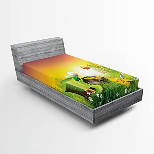 Ambesonne St. Patrick's Day Fitted Sheet, Scene Party Celebration Meadow Balloons Hat Gold, Bed Cover with All-Round Elastic Deep Pocket for Comfort, Twin XL Size, Green Purple and Yellow