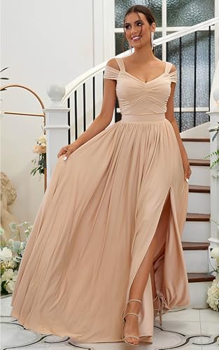 Image of SOLODISH Off The Shoulder Bridesmaid Dresses Long Chiffon Formal Evening Dresses for Women