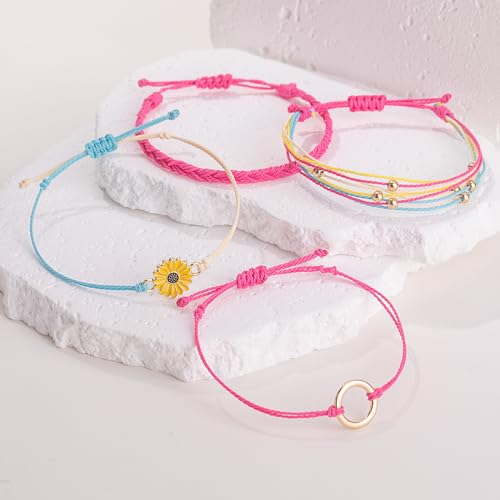 Image of Stackable Sunflower String Bracelets Cute Boho Braided Summer Beach Jewelry