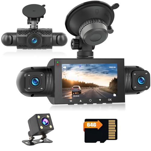 Hikity DVR 1080P Dashcam Cámara Coche para Android Autoradio Impermeable 3” Four Cámara Gran Angular 360°Tarjeta TF de 64GB Visión Nocturna Sensor G Grabación en Bucle Monitor de Aparcamiento 24H
