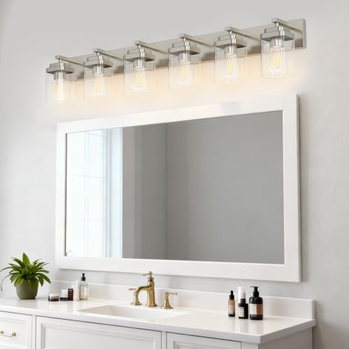 Image of Brushed Nickel Bathroom Light Fixtures, 6 Lights Bathroom Lighting Fixtures Over Mirror, Square Design & Rectangle Large Backplate, Modern Vanity Lighting Fixtures, for Living Room /Bedroom