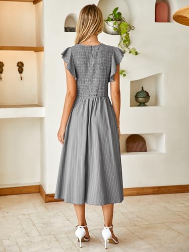 Image of Simplee Womens Striped Midi Summer Dress Linen Smocked Flutter Short Sleeve Dress Flowy Casual Dress with Pockets