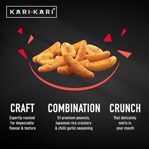Image of Kari Kari Chilli Garlic Rice Cracker & Peanut Mix | Crunchy Japanese Snacks | Roasted, Non-Fried Healthy | 100% Vegetarian | Party (56g x Pack of 4)
