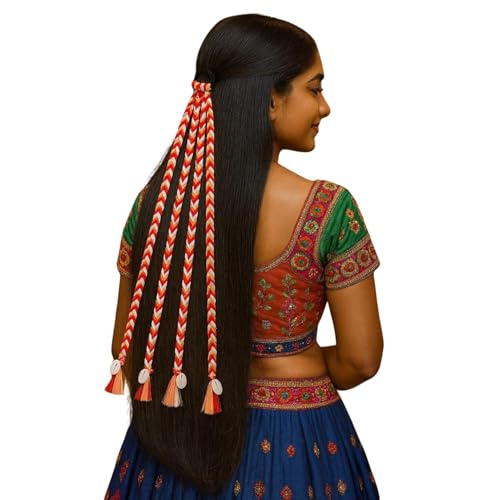 Image of Navratri Hair Braids with Rubber Bands for Girls & Women | Rainbow Hair Extension | Stylish Boho Chic Braids Accessory for Festive, Party & Everyday Look | Easy to Wear & Reusable (Single Kodi)