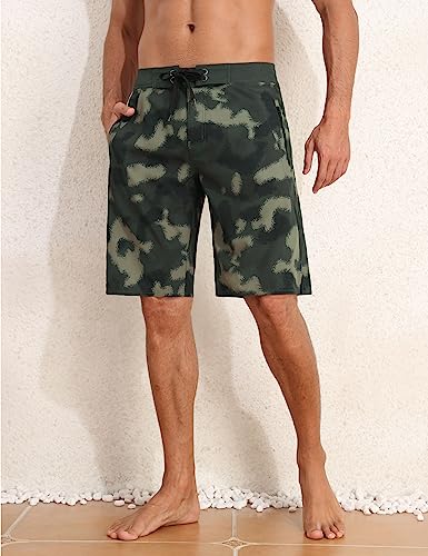 Nonwe Men's Swimming Trunks with Boxer Brief Liner Quick Dry Stretch Long Beach Shorts Camo Green 364