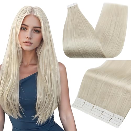 Image of Full Shine Hair Extensions Real Human Hair Tape in, Ice Blonde 24 Inch | 50g 20PCS, Invisible Straight Double Sided Tape in Hair Extensions Natural Comfortable Lived-In Color Add Length