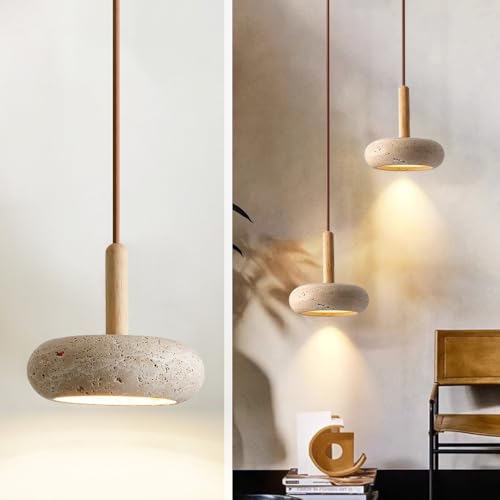 WOSBO Wabi Sabi Pendant Light 5.9 Yellow Travertine Pendant Light with Round Natural Stone Shade Nordic Wood Pendant Lamp for Bedroom Bedside Light Living Room Kitchen Island Entryway Hallway
