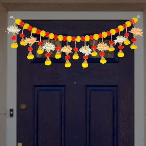 Image of iHandikart Handmade (40 Inch) Decorative Bandanwar with Marigold, Artificial Flowers, Golden Bells & Beads Traditional Door Bandanwar for Makar Sankranti, Lohri, Home Decor & Housewarming (B0066)