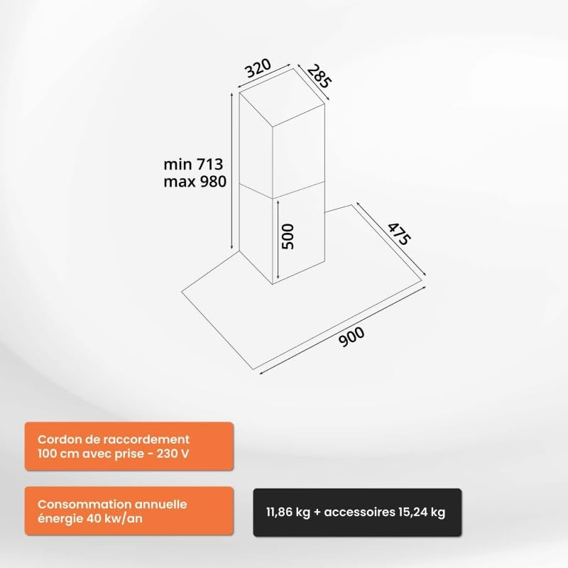 BELDEKO Hotte Murale 90 cm Inox 559 m3/h Évac/Recyclage - Marque Française