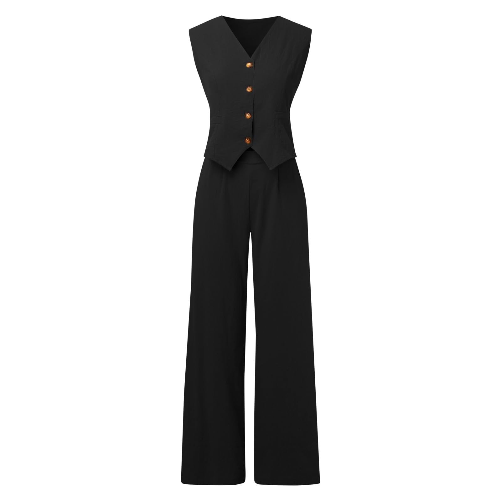 Generisch Hosenanzug Damen Elegant 2 Teiler Ärmellos Blazer Weste und Hose Outfit Zweiteiliger Frauen Crop Lang Hosen Lounge Sets mit Knöpfen Business Anzug Set Sommer Streetwear Hochzeit Zweiteiler