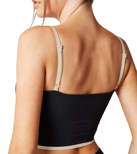 Image of Sleeveless Spaghetti Strap Padded Sports Bra Tank Tops Square Neck Double Layer Workout Fitness Basic Crop Tops