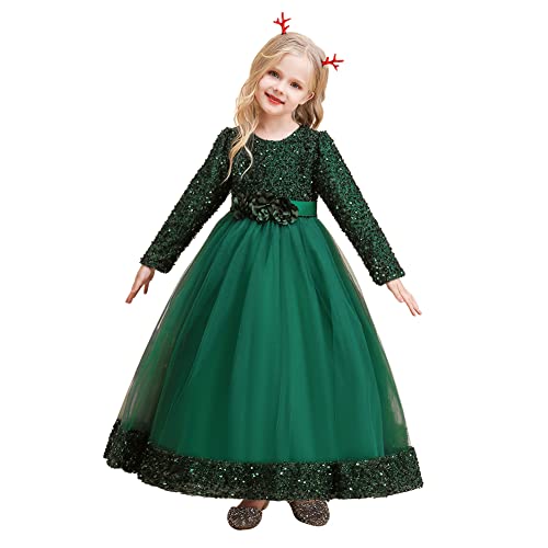 Flower Girls Long Sleeve Sequin Wedding Evening Party Formal Ball Gown Princess Puffy Tulle Dresses