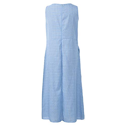Vestido longo casual listrado de linho de algodão sem mangas Romacci, Azul, L