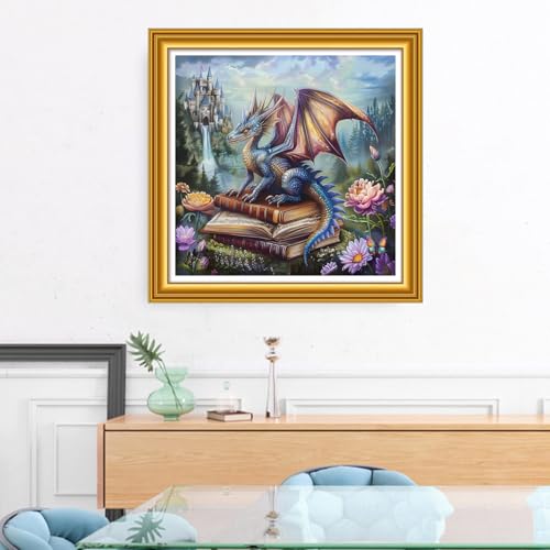 Image of Foxhool Stamped Cross Stitch Kits,11CT Printed Cross Stitch Pattern Full Embroidery Kits for Beginner Needlepoint Kits&Pterosaur Book Castle 18x18 inch