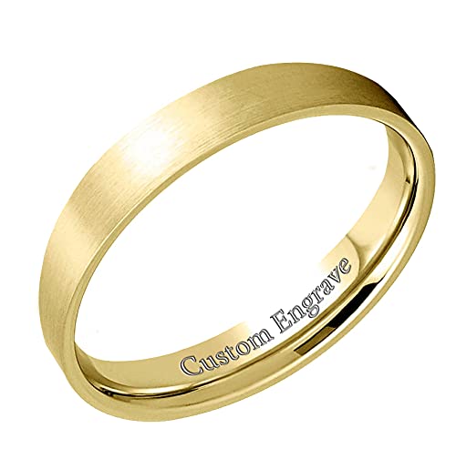 EverstoneCustom Personalize Engrave Matte & Brushed Flat Ring Male Female Men Women His Her Groom Bride Promise Ring Wedding Bands Titanium Ring Color: Yellow Gold Sz