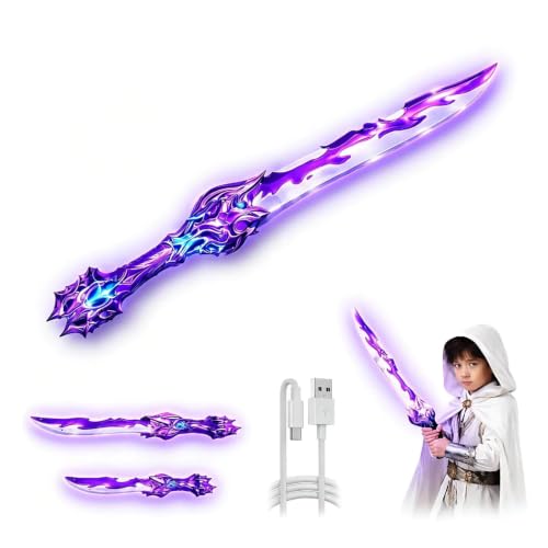 PotBrti Light Up Toy Sword for Kids Rechargeable Foldable Glow Sword with 7 Color Modes Sound Effects USB-C Charging Fantasy Role Play Toy Ages 6+ (Glacier Purple)