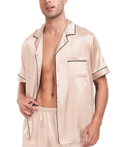 Image of SWOMOG Men Satin Silk Pajamas Sets Short Sleeve Sleepwear Button-Down PJs Sets Two-Pieces Loungewear with Pockets