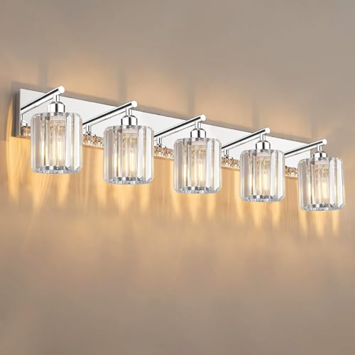 Image of Brushed Chrome Crystal Bathroom Vanity Light, 5-Light Modern Bathroom Lighting Fixtures Over Mirror,Chrome Wall Sconce Light Fixtures with Round Shade