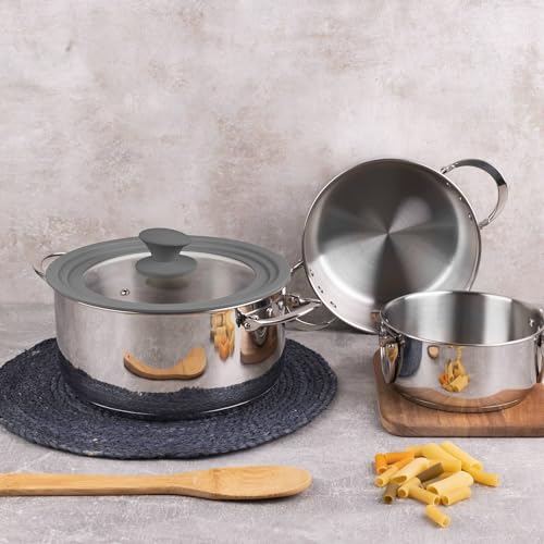 Foto von MasterPRO Foodies - Küchenbatterie - 4 -Stück -Set mit 4, 20 und 24 cm Pfannen und Glasdeckel - Hergestellt in Edelstahl - kompatibel mit allen Arten von Küchen