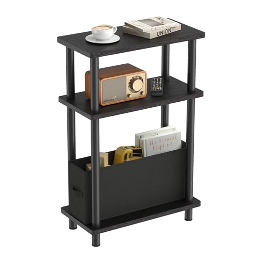 APICIZON サイドテーブル スリム ナイトテーブル 布製引き出し付き ミニテーブル 木目調 収納棚付き ベッドサイド ソファサイド ラック おしゃれ 小さい ベッド横 カフェテーブル(40cm*18cm*62cm、ブラック)