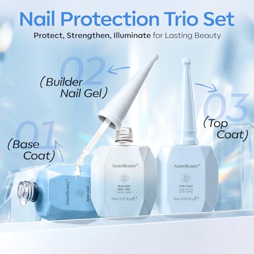 Image of AZUREBEAUTY Builder Nail Gel Kit, 3Pcs Clear Builder Gel with Base Coat and No Wipe Top Coat, UV LED Cured Extension Apex Building Set for Home Salon DIY, 11 mL