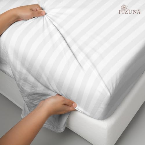 Image of Pizuna 100% Cotton Bedsheet Super King Size with 2 Pillow Covers, 300 Thread Count Long Staple Cotton, Stripes Pattern Flat Bed Sheet 108X108 Inch for Superking Bed, White