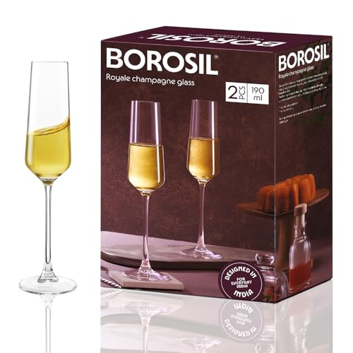 Image of Borosil 190ml x 2pc Royale Champagne Glass Set | Wine Glasses for Red & White Wine, Cocktails & Mocktails | Elegant Glassware for Home, Parties & Gifting