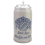  Bierkrug mit Wunschtext graviert, 1,0 Liter, Wunschtext, Initialien, Steinkrug mit Zinndeckel, Geschenk Geburtstag oder Jubiläum, Bavariashop
