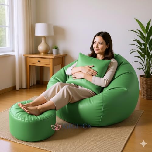 Image of 4XL Bean Bag Cover with Foot Stool & Cushion Cover | Premium PVC Leatherette | Double Stitched | 6 Months Warranty (Beans Required) Color-(Green)