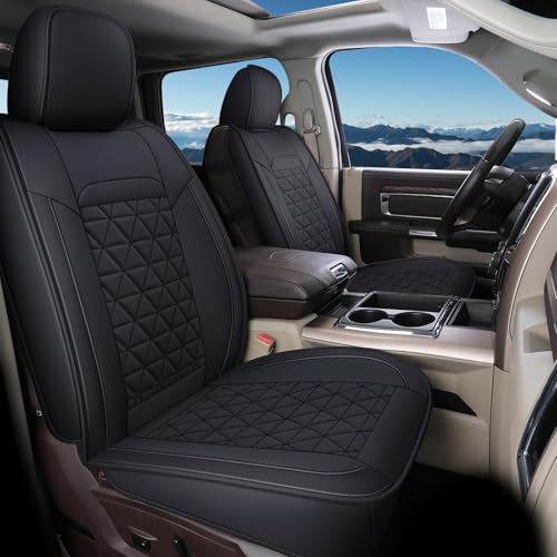 Image of Coverado Car Seat Covers Full Set, Leather RAM 1500 Seat Covers Protectors Compatible with 2002-2026 Dodge RAM 1500 2500 3500 Crew Double Mega Quad Cab with Flat Bench, Black