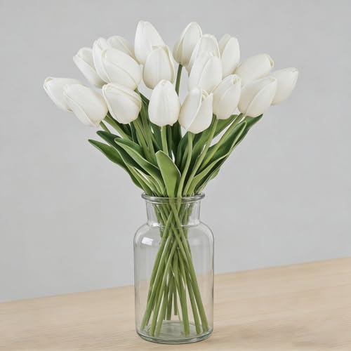 Ytzord 15 Pcs Artificial Tulips Flowers Realistic Silk Faux Tulips Bouquet for Wedding Centerpieces Home Decor – Soft Touch, Bendable Stems, UV Resistant (White)