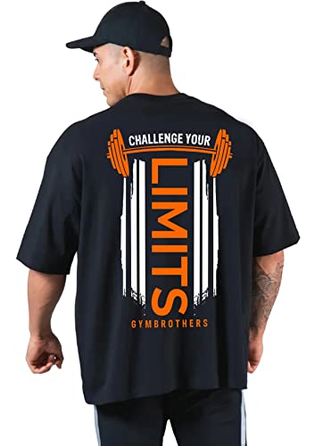 Image of 100% Pure Cotton Mens Printed Half Sleeves Oversized Round Neck Drop Shoulder, Relaxed Fit, Challenge Your Limits T-Shirt