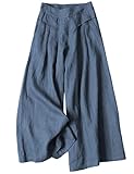Hooever Women's Cotton Linen Culottes Pants Elastic Waist Wide Leg Palazzo Trousers Capri Pant (Blue-Small)