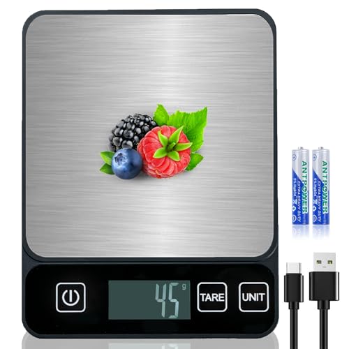 GIBOHOM Balance de Cuisine Électronique, 10 kg Balance Alimentaire de Haute Précision 1 g/0,1 oz avec Écran LCD et Fonction Tare, Pese Aliment Cuisine Acier Inoxydable 6 Unités, Piles Incluses