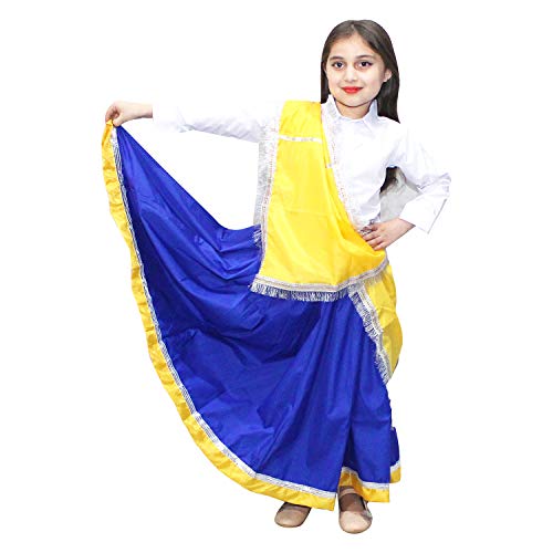 Image of Kaku Fancy Dresses Indian State Haryanvi Dress Costume for Girls, Haryanvi Dance Lehenga Polyester Yellow & Blue, 10-12 Years