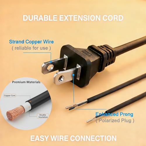 Image of 6ft 18AWG Polarized 2 Prong AC Power Pigtail Black Flat Open End Cord