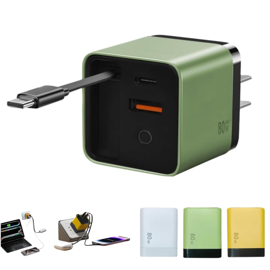 3 in 1 GaN Charger Scalable 80w Max Fast Charger Module Retractable Phone Charger Wall Plug All in One c harger Retractable Cable 17/16/15 Galaxy S25 (Green)