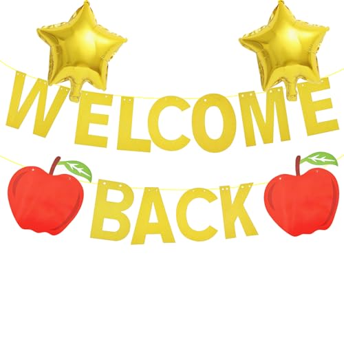 WELCOME BACK Banner with Gold Star Foil Balloons and Apple